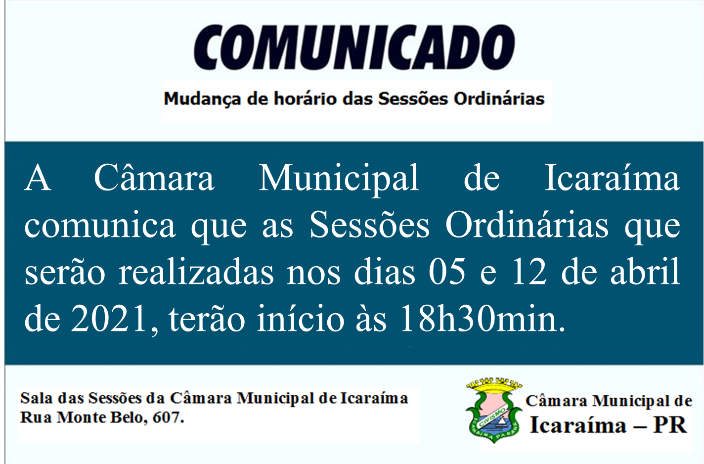 Alteração de horário das Sessões Ordinárias da Câmara Municipal de Icaraíma.