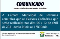 Alteração de horário das Sessões Ordinárias da Câmara Municipal de Icaraíma.