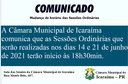 Alteração de horário das Sessões Ordinárias da Câmara Municipal de Icaraíma.