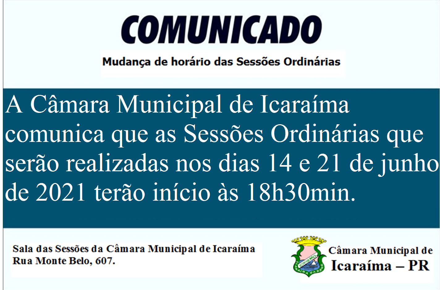 Alteração de horário das Sessões Ordinárias da Câmara Municipal de Icaraíma.