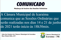 Alteração de horário das Sessões Ordinárias da Câmara Municipal de Icaraíma.