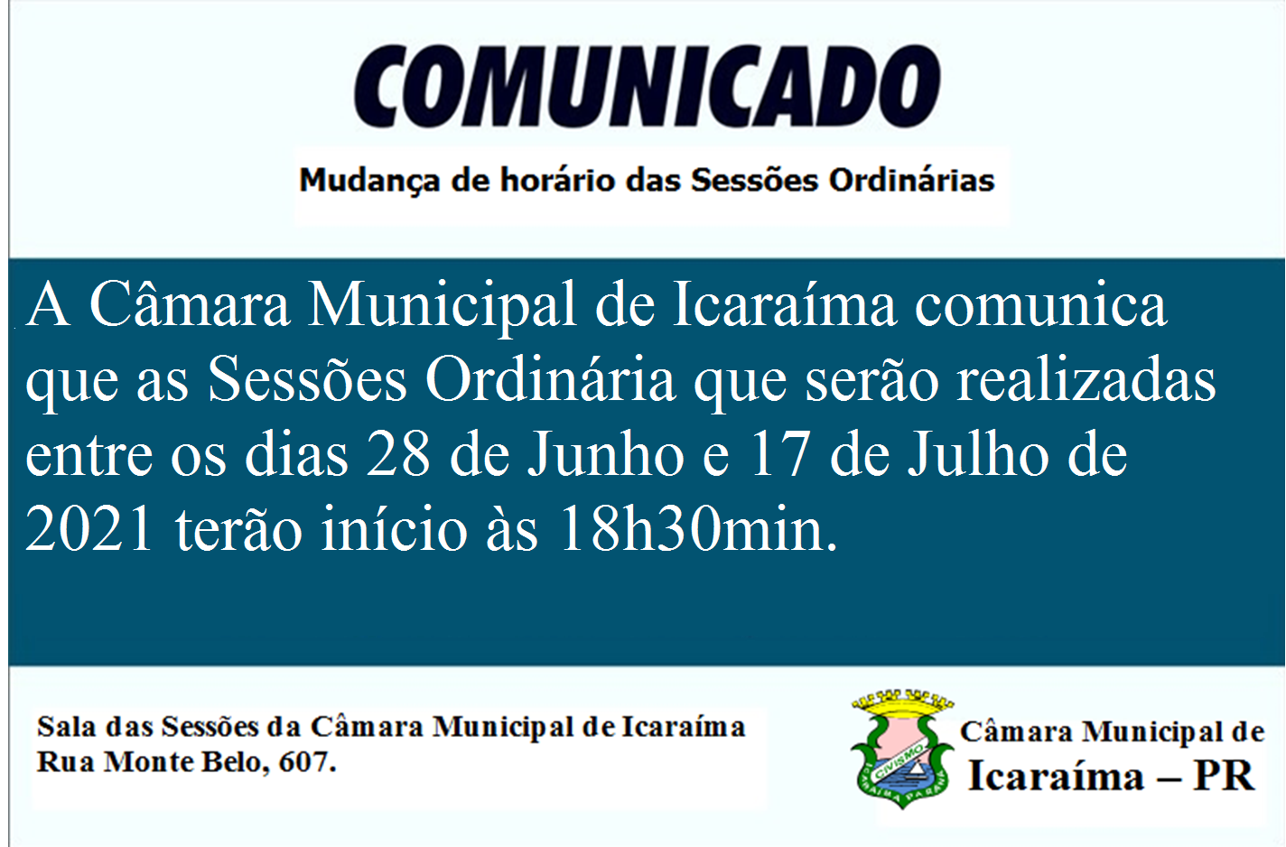 Alteração de horário das Sessões Ordinárias da Câmara Municipal de Icaraíma.