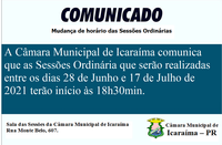Alteração de horário das Sessões Ordinárias da Câmara Municipal de Icaraíma.
