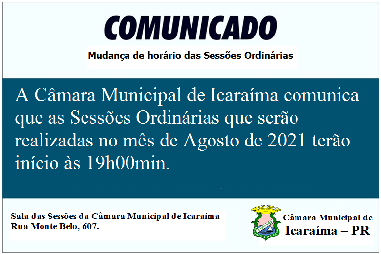Alteração de horário das Sessões Ordinárias da Câmara Municipal de Icaraíma.