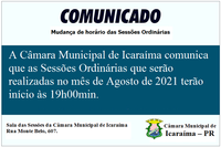 Alteração de horário das Sessões Ordinárias da Câmara Municipal de Icaraíma.