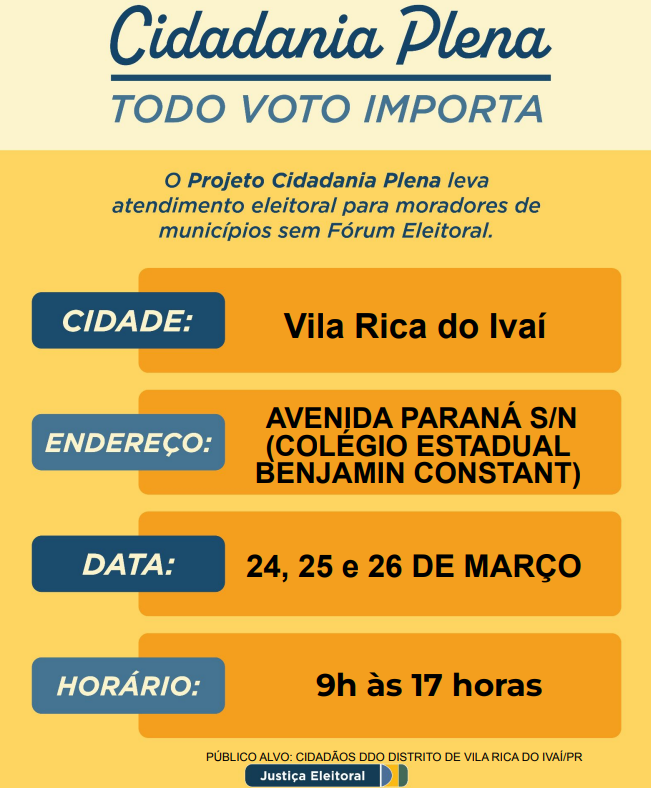 Justiça Eleitoral realizará atendimento a eleitores em Vila Rica do Ivaí nos dias 24, 25 e 26 de março