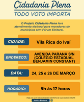 Justiça Eleitoral realizará atendimento a eleitores em Vila Rica do Ivaí nos dias 24, 25 e 26 de março